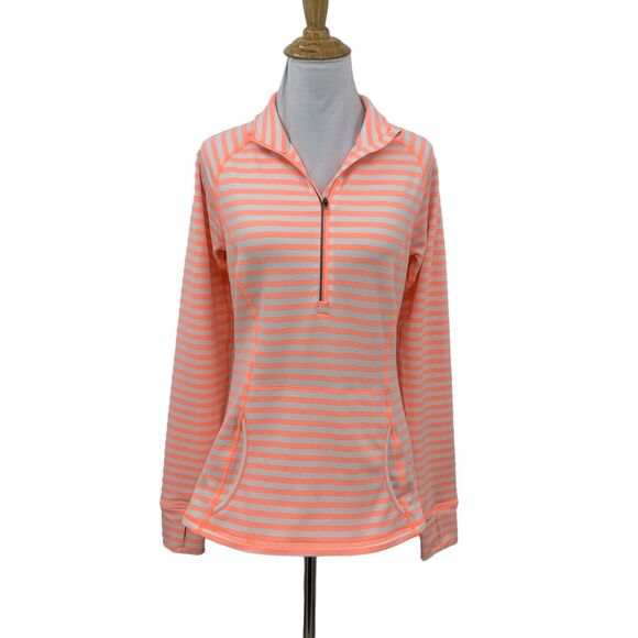 Lucy Activewear 1/4 Zip Top Women S Neon Peach Stripe Pockets Stretch Thumbholes - Picture 1 of 13
